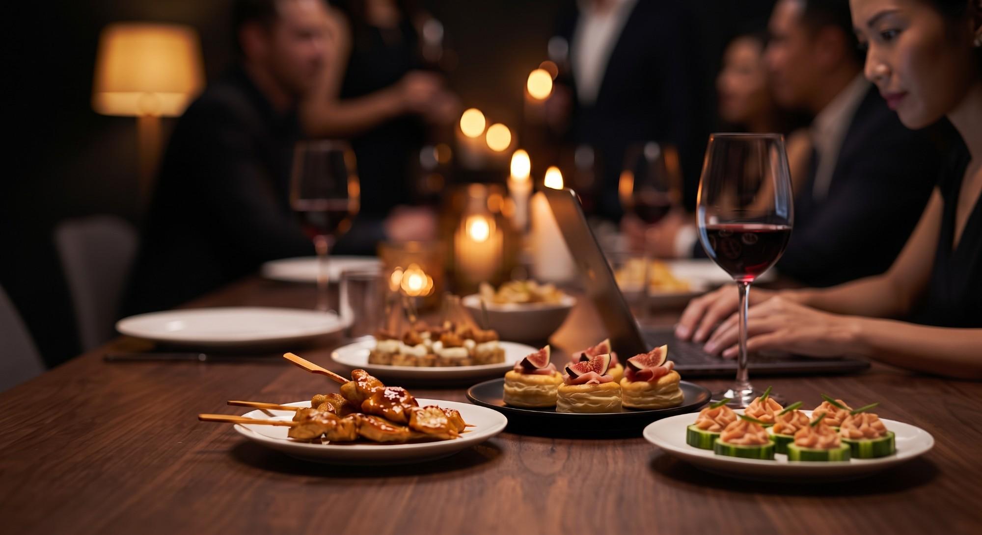 Plates of finger food and glasses of red wine on a wooden table, a guest typing on a laptop beside them.